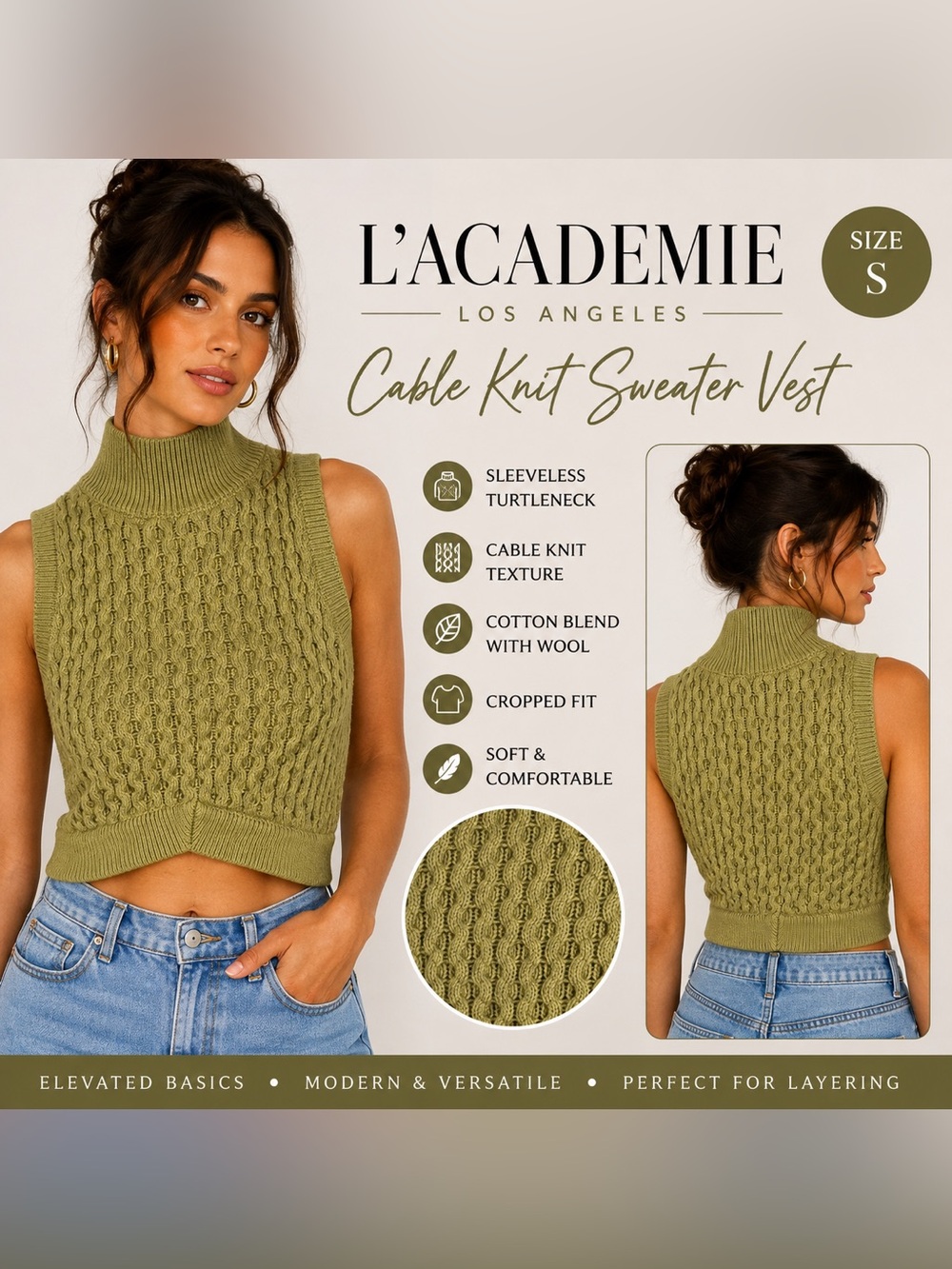 L'Academie Chartreuse Cable Knit Mock Neck Crop Tank